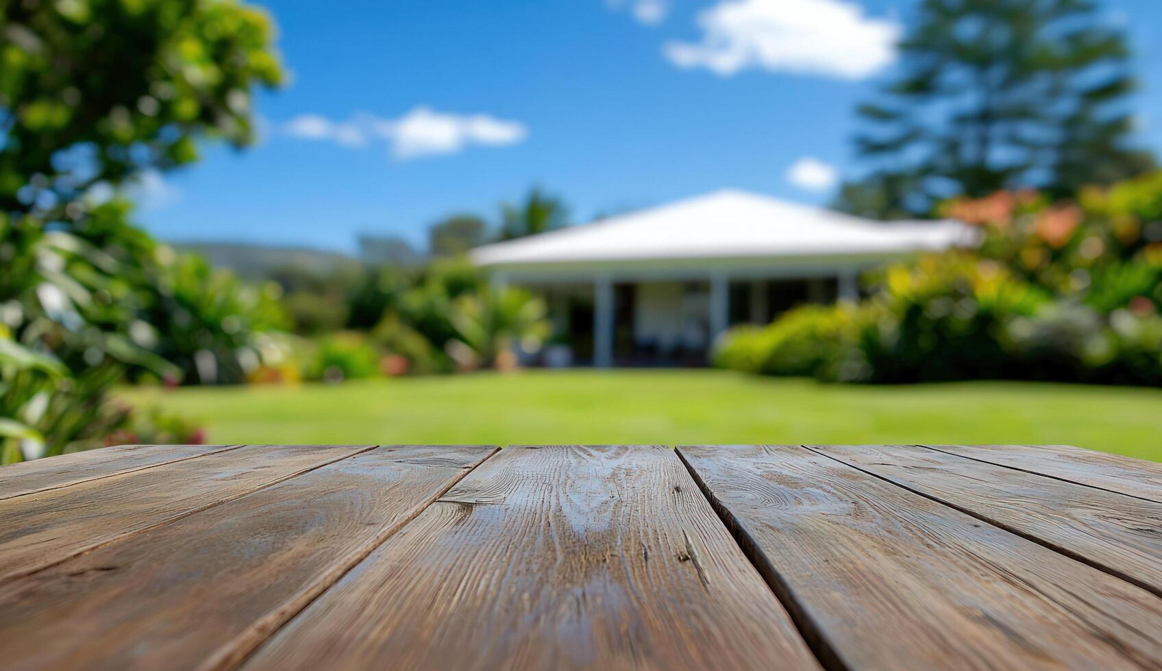 Wooden table against blurred garden and house background photo