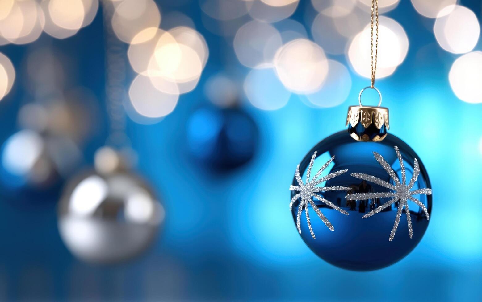Blue Christmas ornament hanging with bokeh background, holiday decor photo