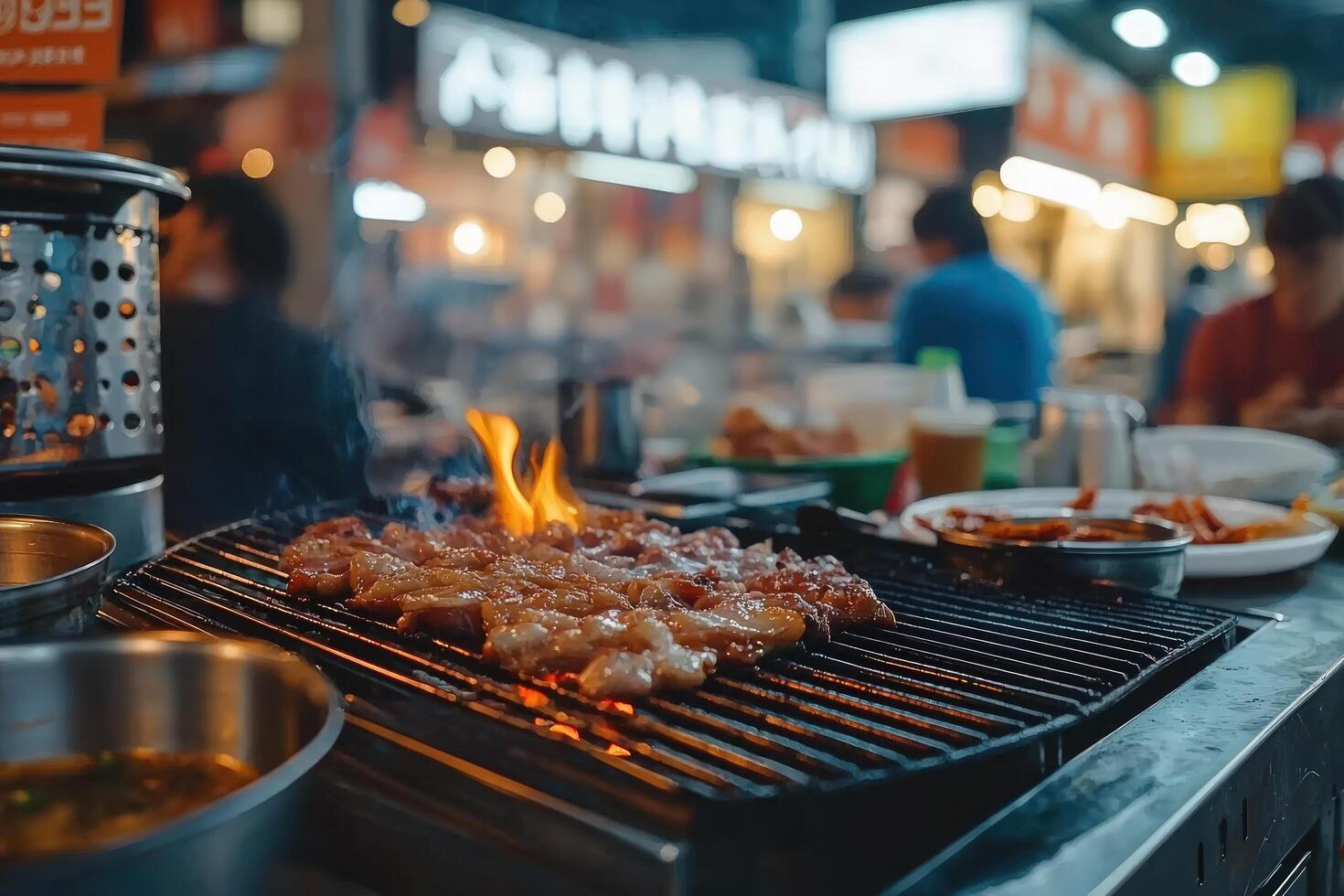 Grilled meat cooking on flaming grill at busy night market photo
