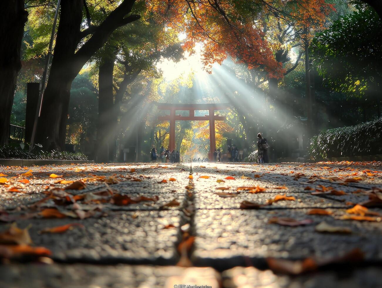 Sunlit Path to Torii Gate in Autumn Park photo