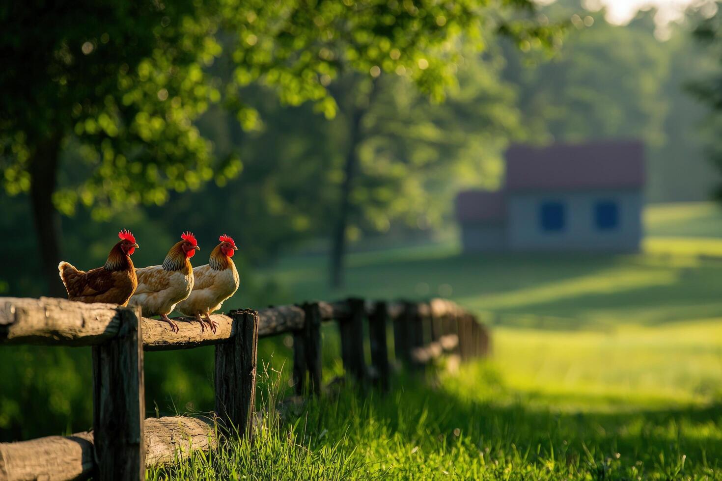 Chickens on fence at sunrise, farm in background, rural life image photo