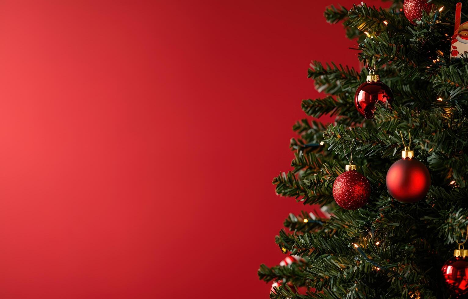 Christmas tree with red ornaments on red background, holiday card image photo