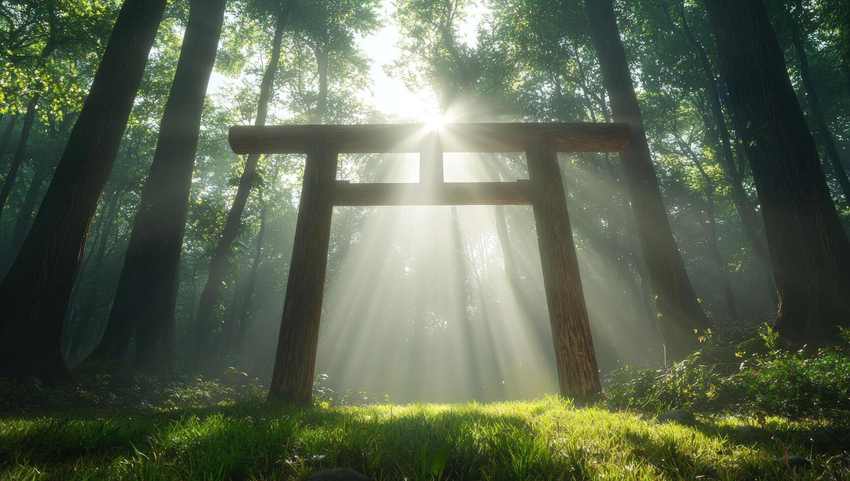 Sunlit Wooden Torii Gate in Misty Forest photo