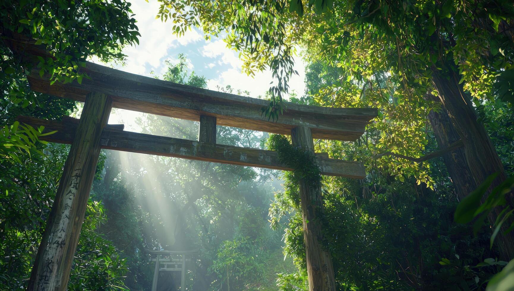 Sunbeams through ancient wooden torii gate in serene forest photo