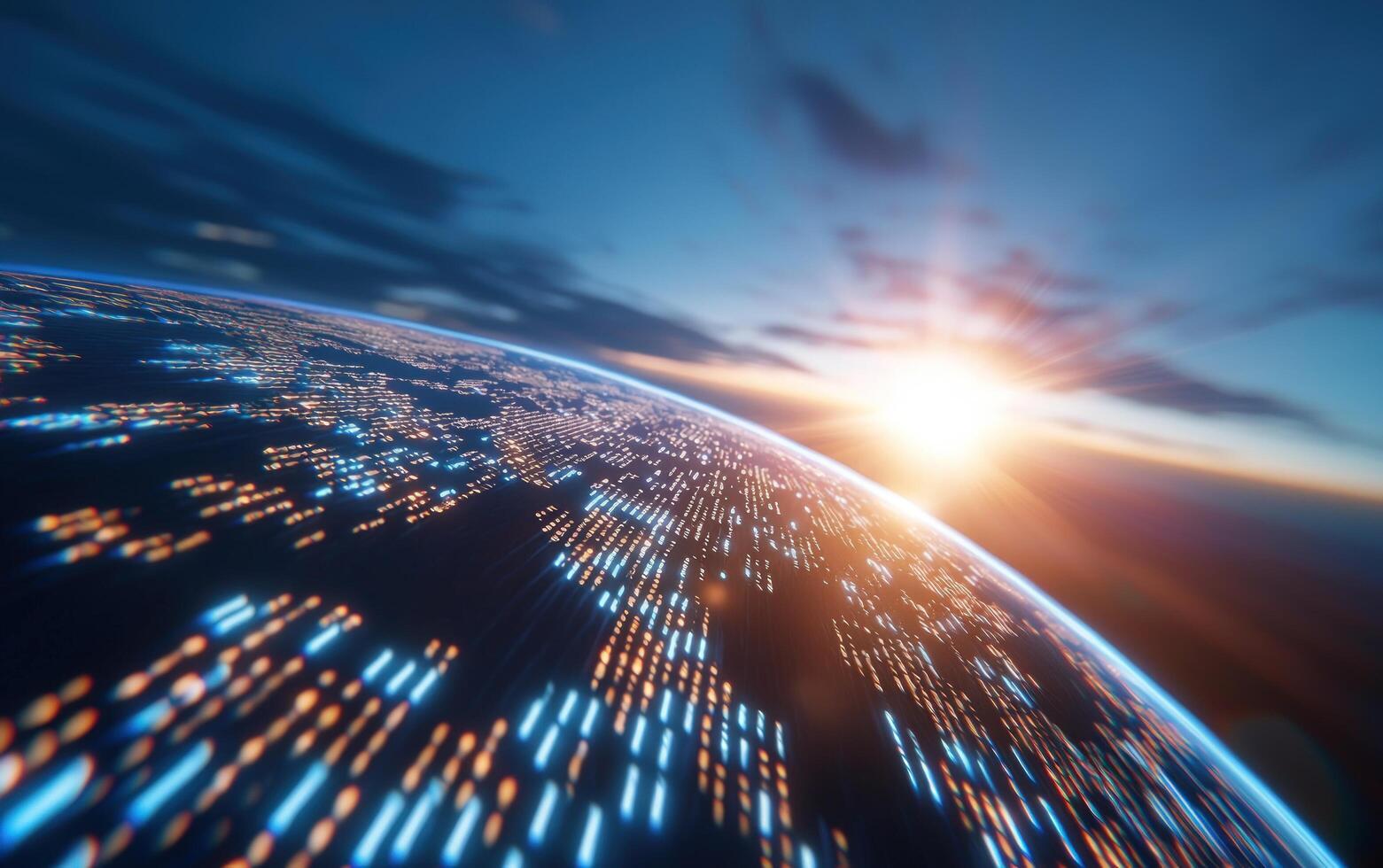 Earth at sunset with data streams, global network concept photo