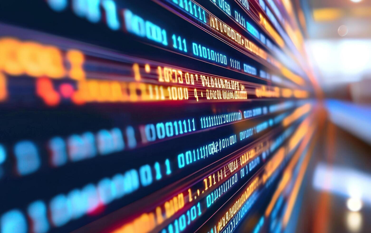Binary code streams on digital screen, tech background photo