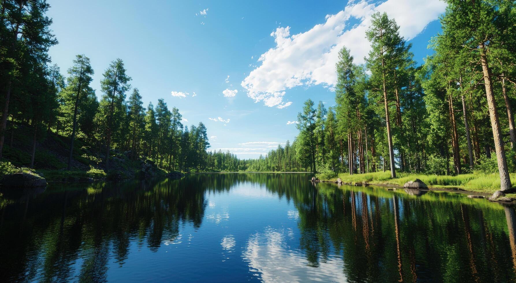 Serene forest lake reflects clouds and trees on sunny day photo