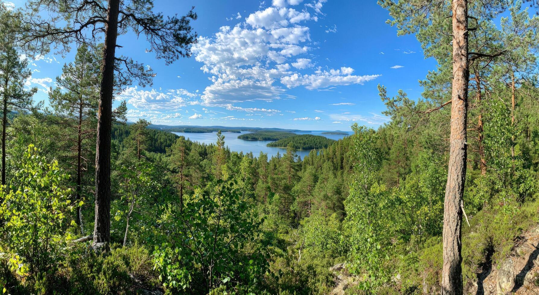 Finnish forest lake view from hilltop on sunny summer day photo