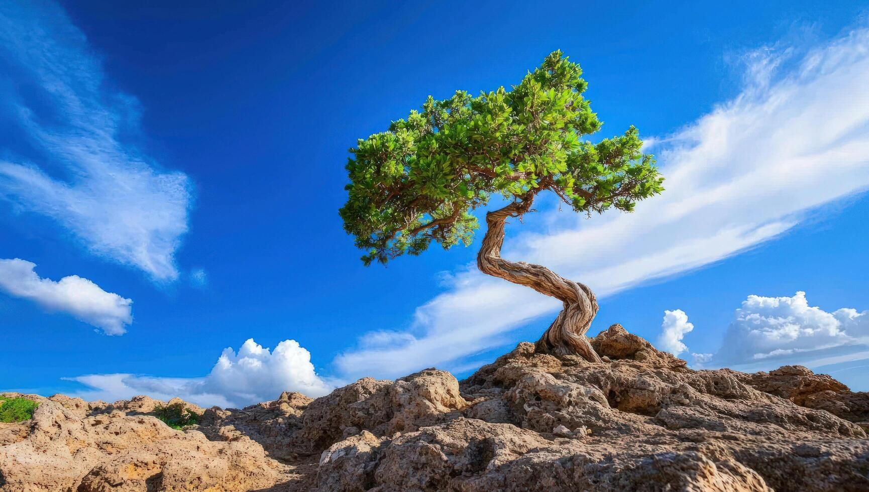 Lone tree on rocky cliff under blue sky photo