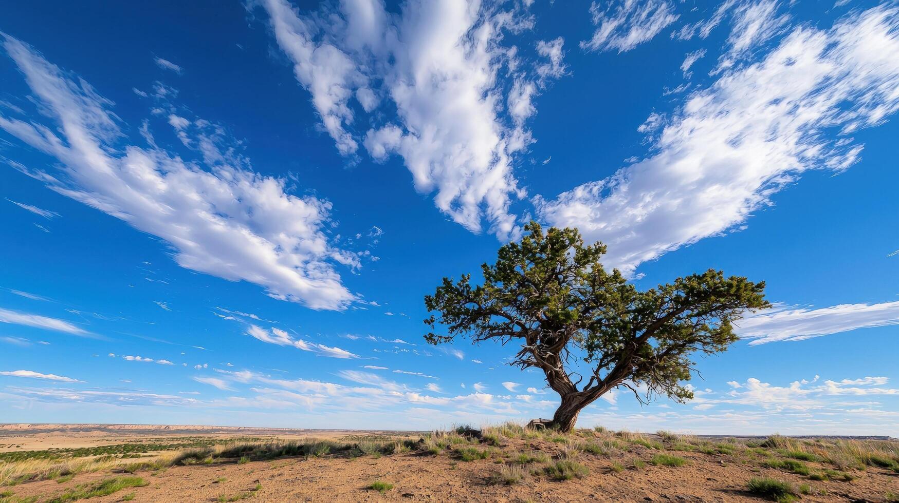 Lone tree on desert hill under vast blue sky with wispy clouds photo