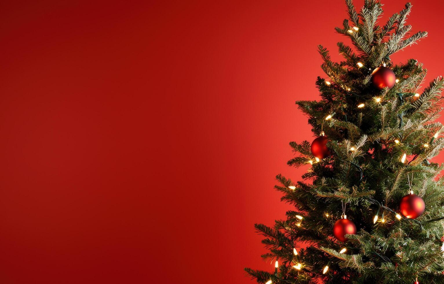 Christmas tree with red ornaments and lights on red background, holiday image photo