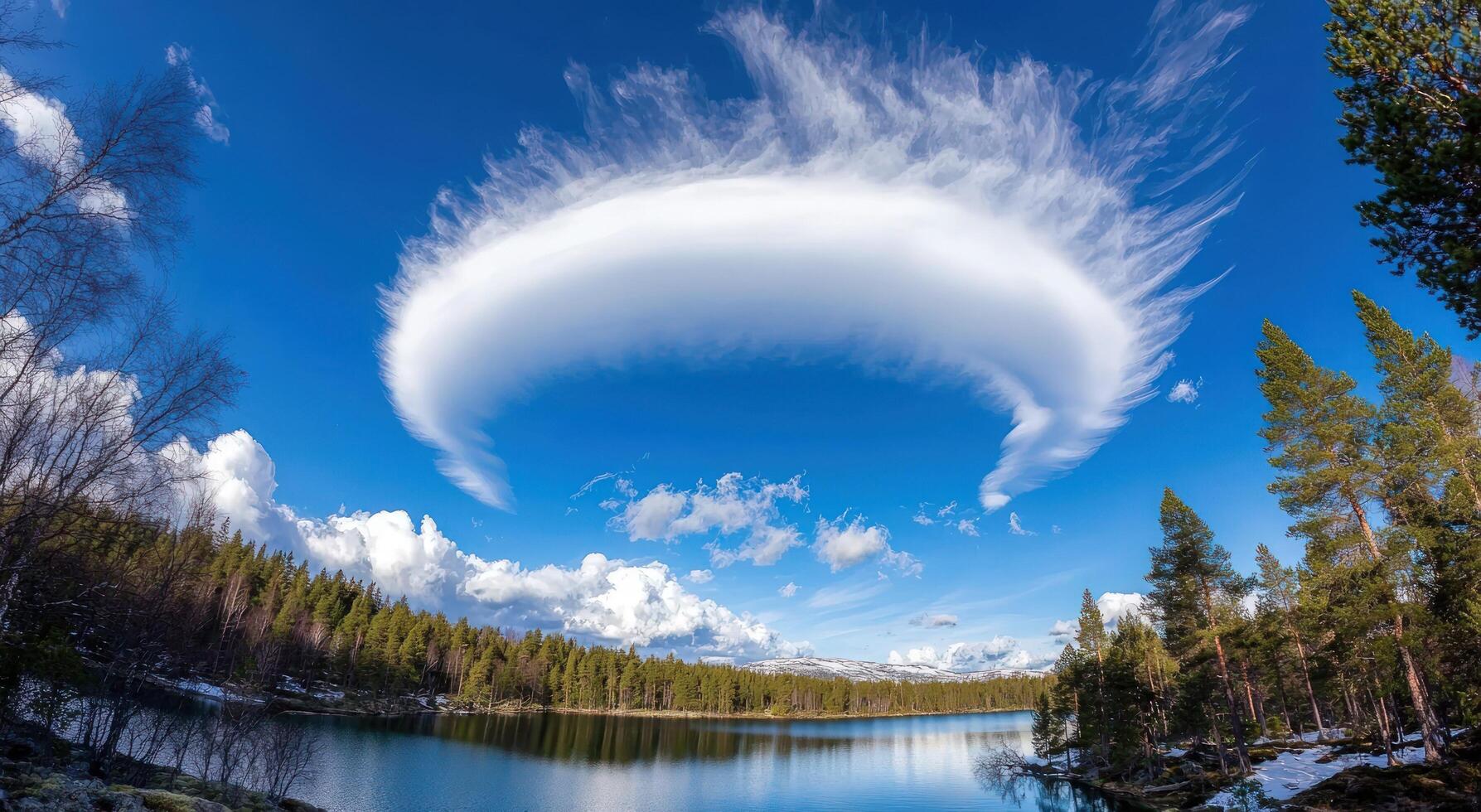 Lenticular cloud over serene lake and forest, ideal for nature backgrounds photo