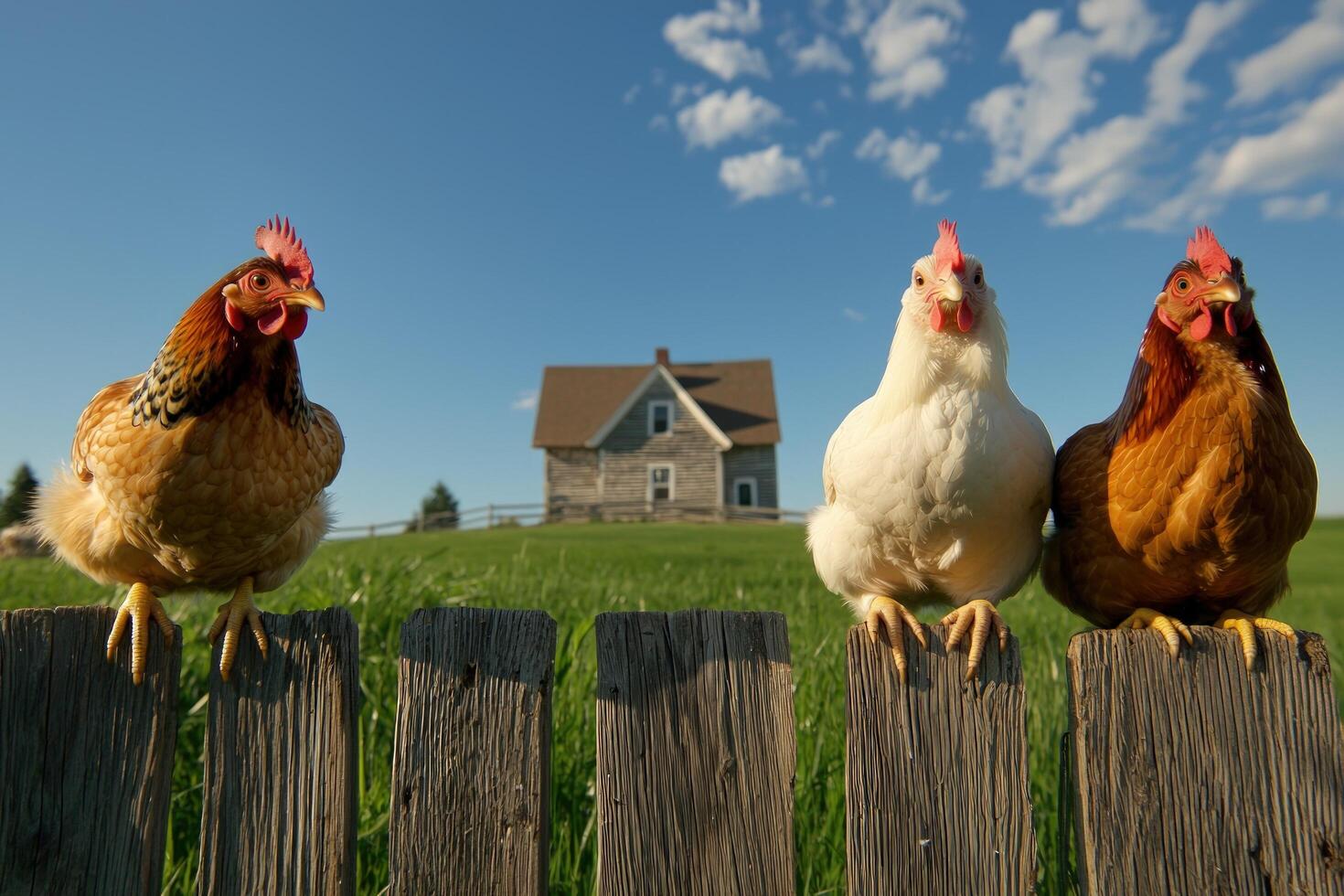Chickens on fence with farmhouse background, rural farm life photo