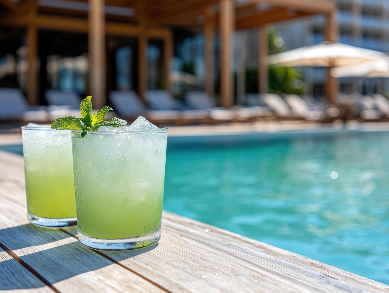 Two mint cocktails by pool at resort photo