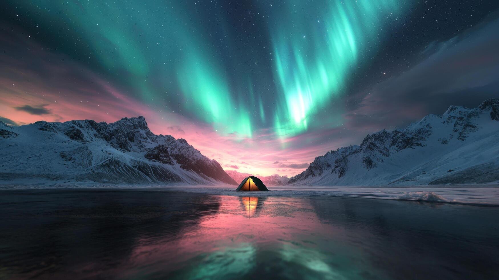 Tent glows under aurora borealis, reflecting in a snowy, mountainous landscape at sunset photo
