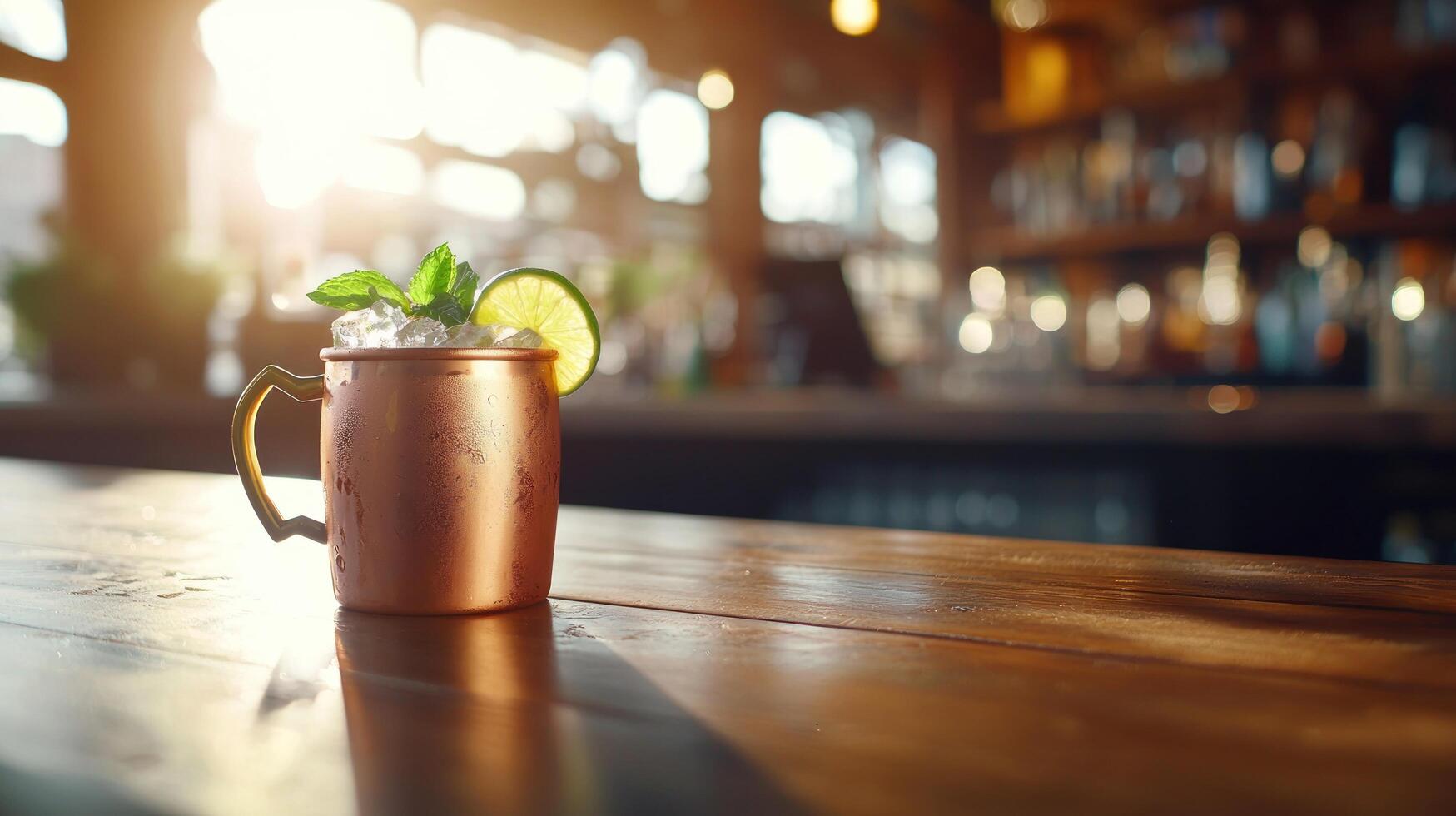 Moscow Mule cocktail in copper mug on bar at sunset photo