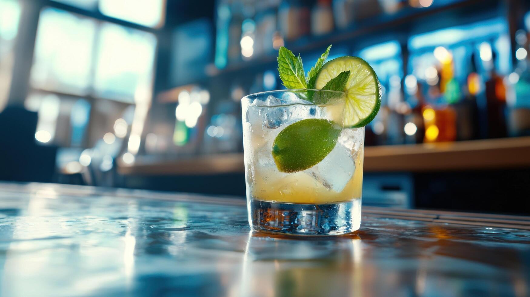 Refreshing cocktail with lime and mint on bar counter in modern restaurant photo