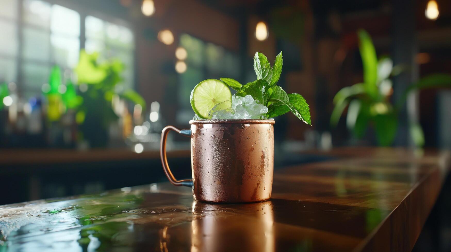 Refreshing Moscow Mule cocktail in copper mug on bar, restaurant background photo