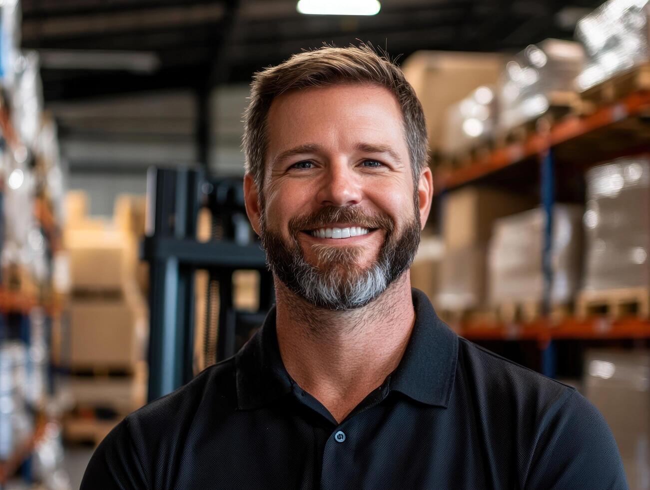 Smiling warehouse worker in distribution center photo