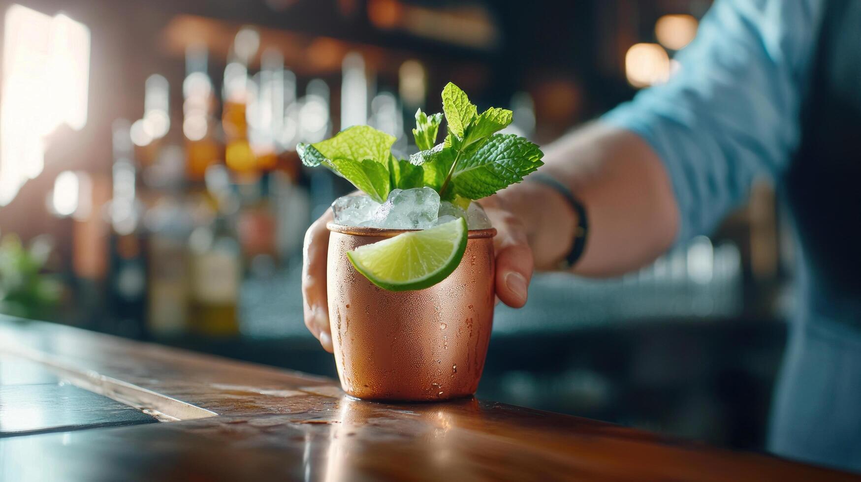 Bartender serving Moscow Mule cocktail in copper mug at bar photo