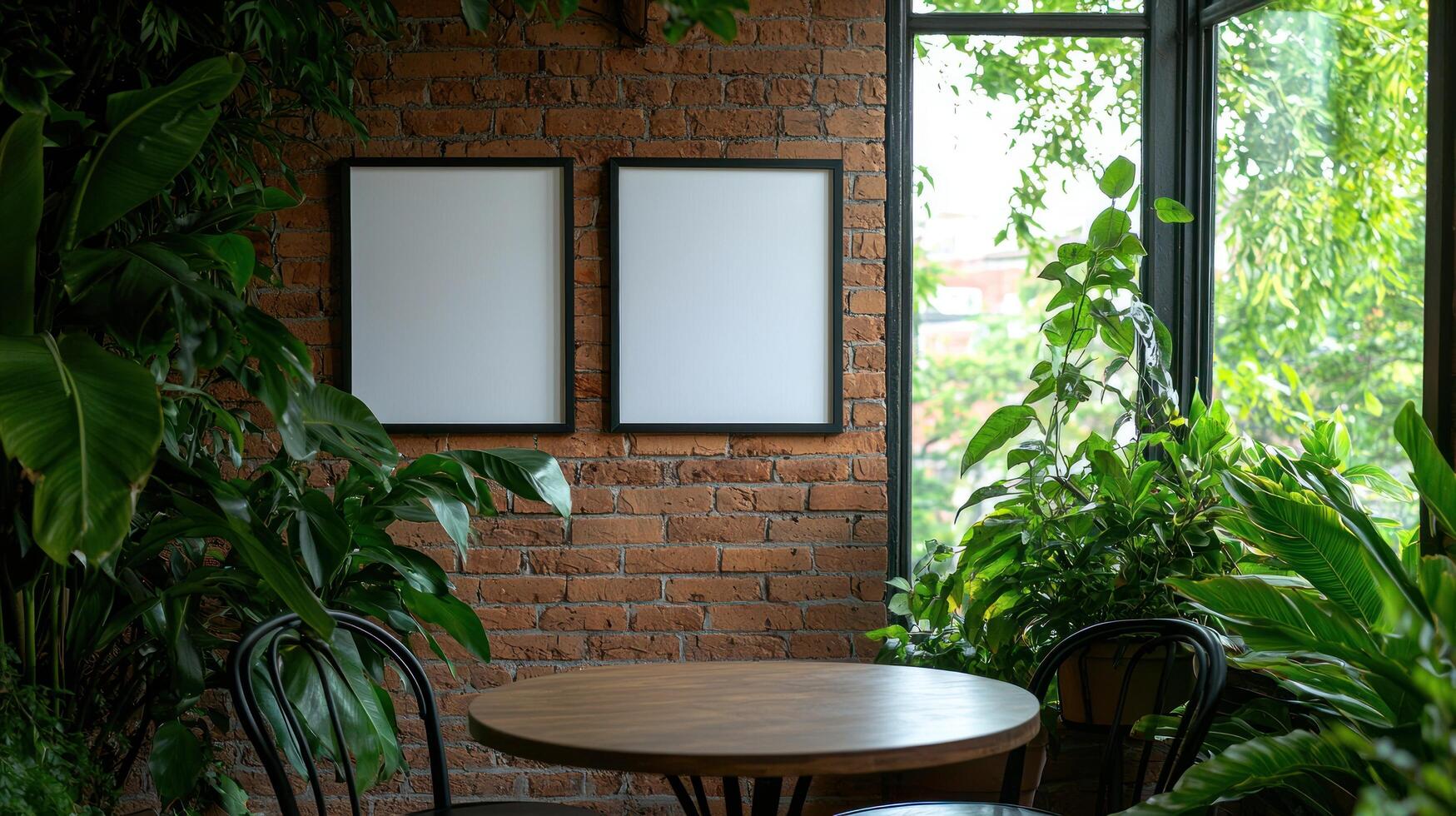 Empty frames in plant-filled cafe corner by window photo