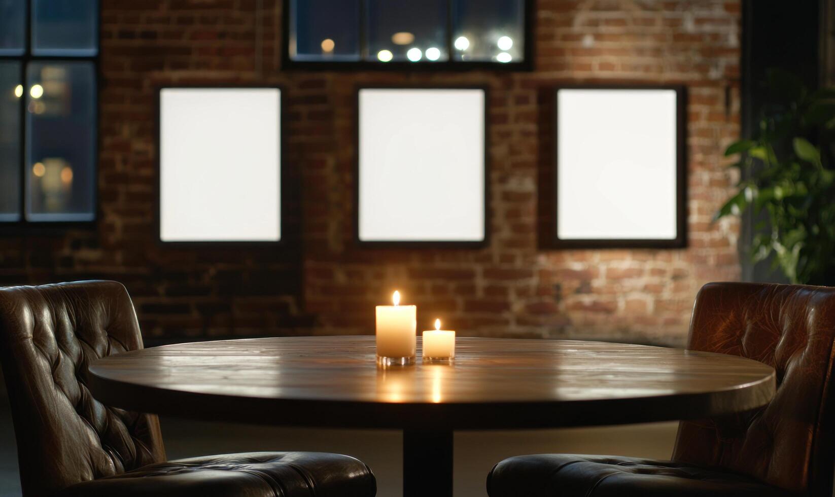 Lit candles on a restaurant table with blank canvases on a brick wall photo
