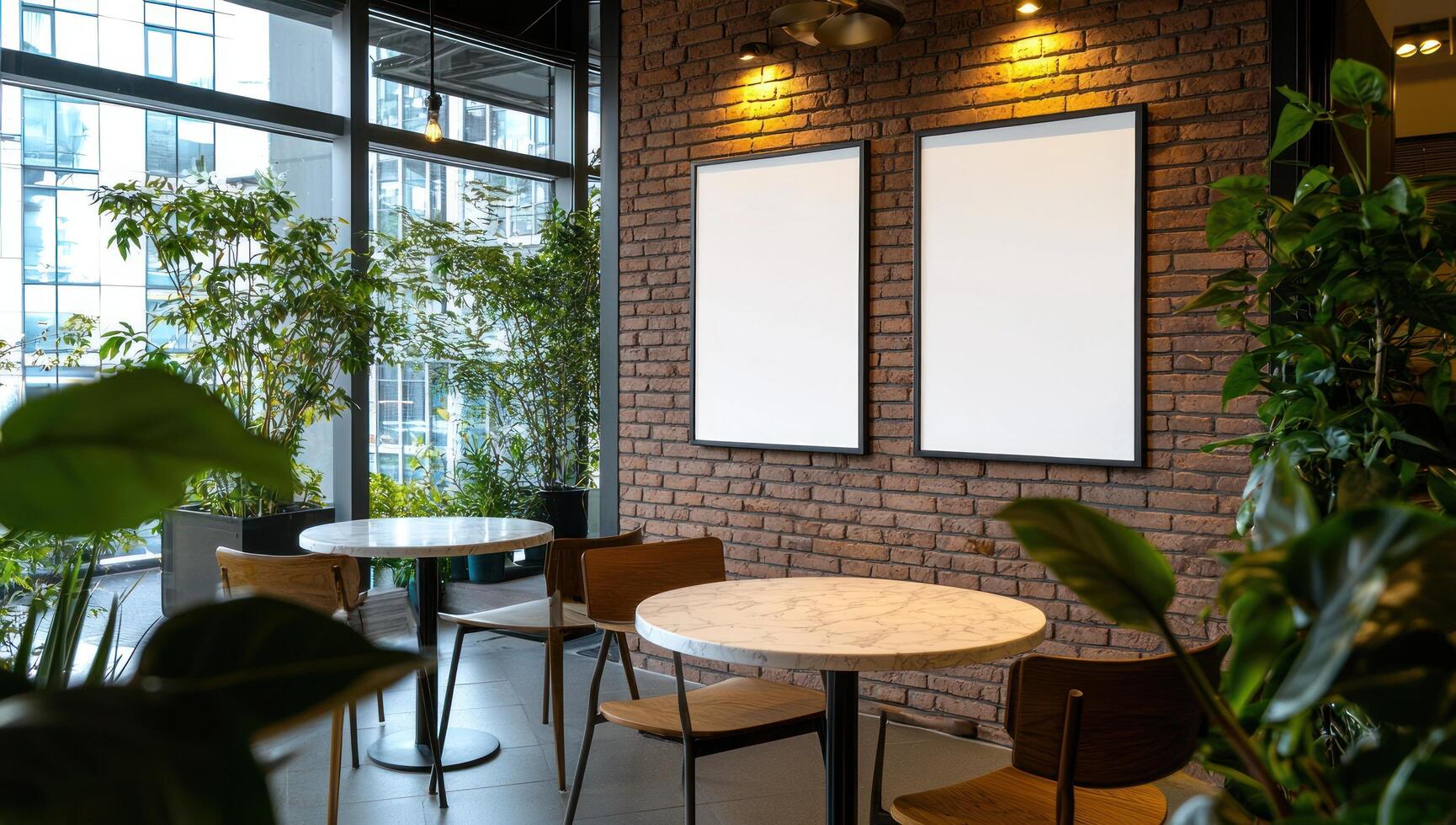 Modern cafe interior with blank frames, plants, and tables by window photo