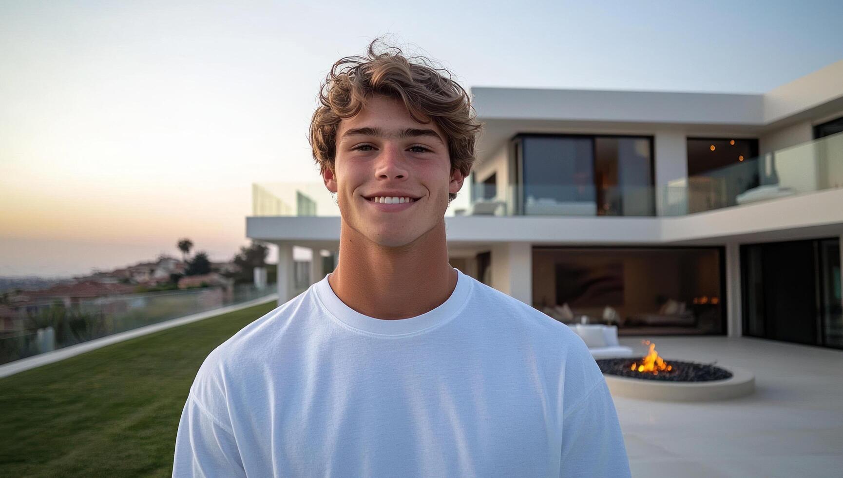 Young man smiles at sunset in front of modern luxury home photo