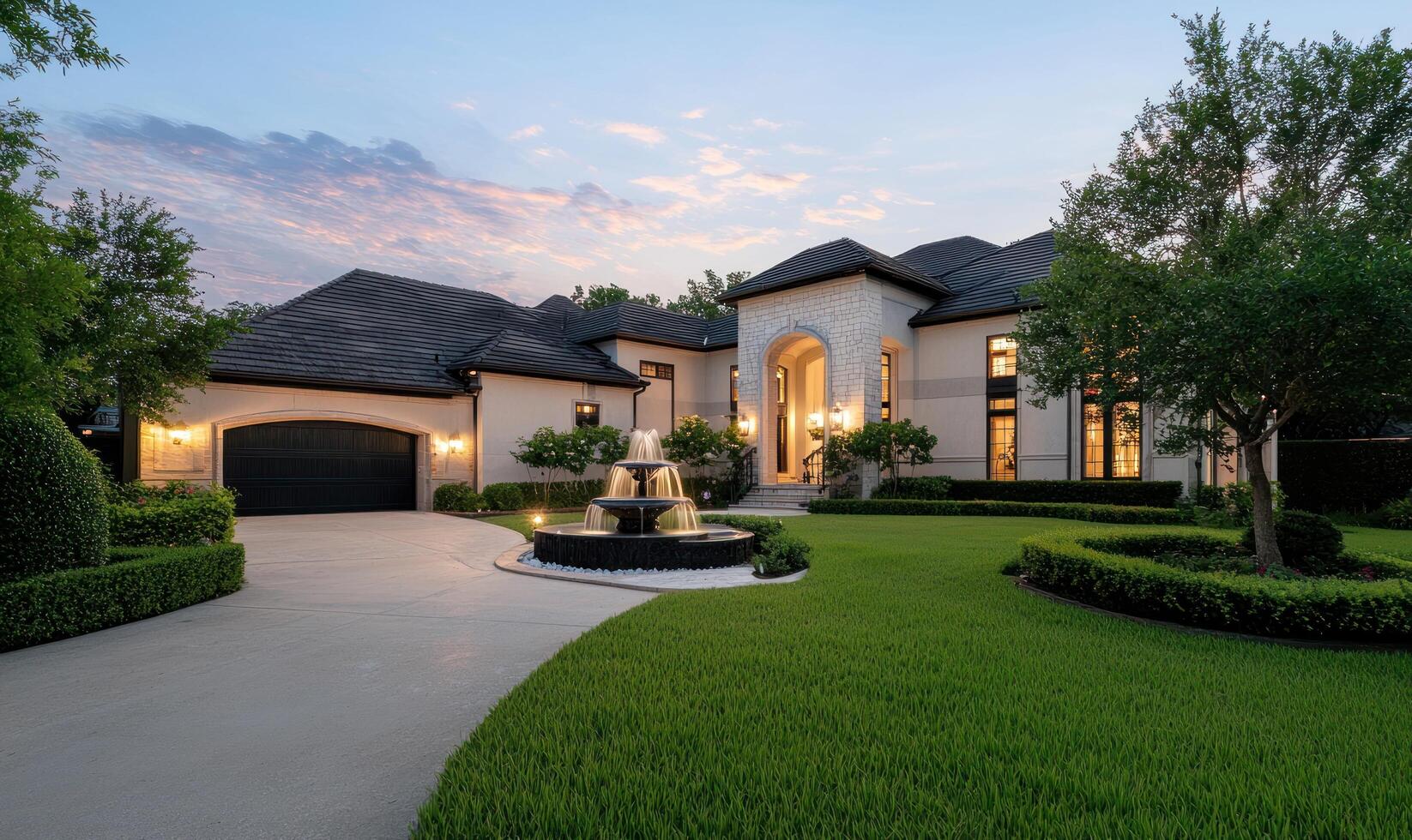 Luxury home exterior at dusk with fountain and landscaping photo