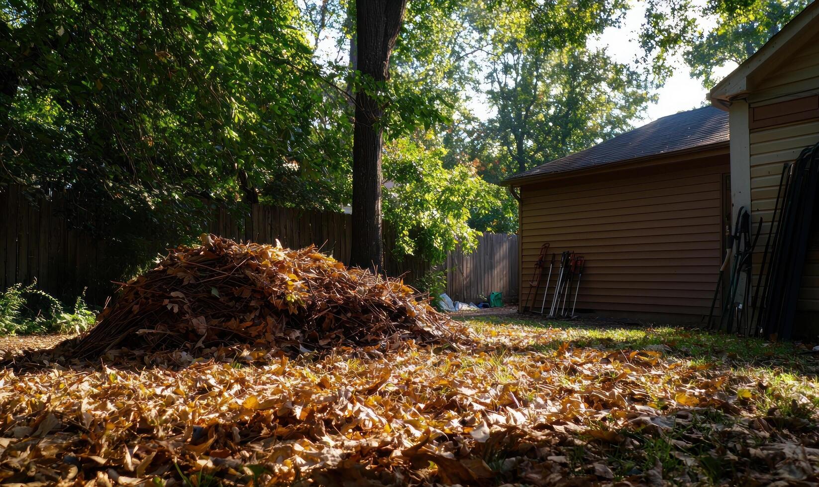 Leaf pile in autumn backyard, ready for composting or yard work photo