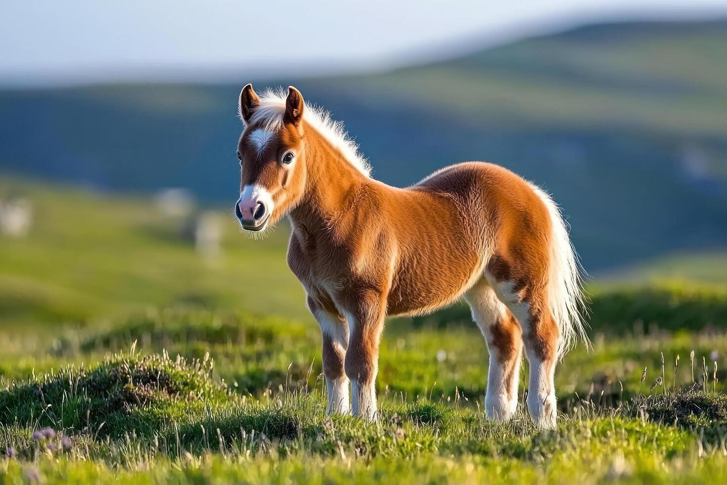 Foal in green pasture, mountain backdrop, livestock farming image photo