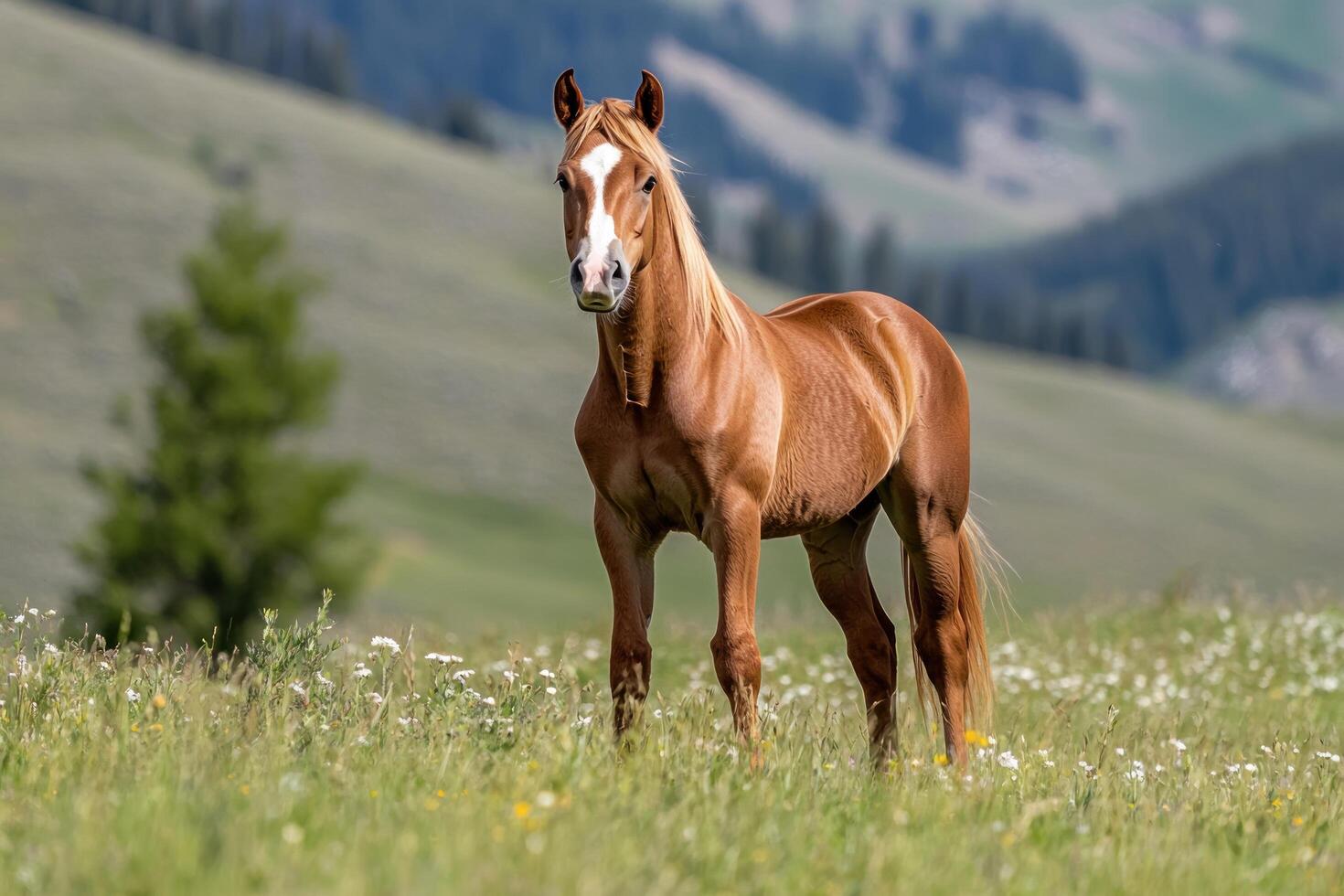 Chestnut horse standing in a mountain meadow with wildflowers photo