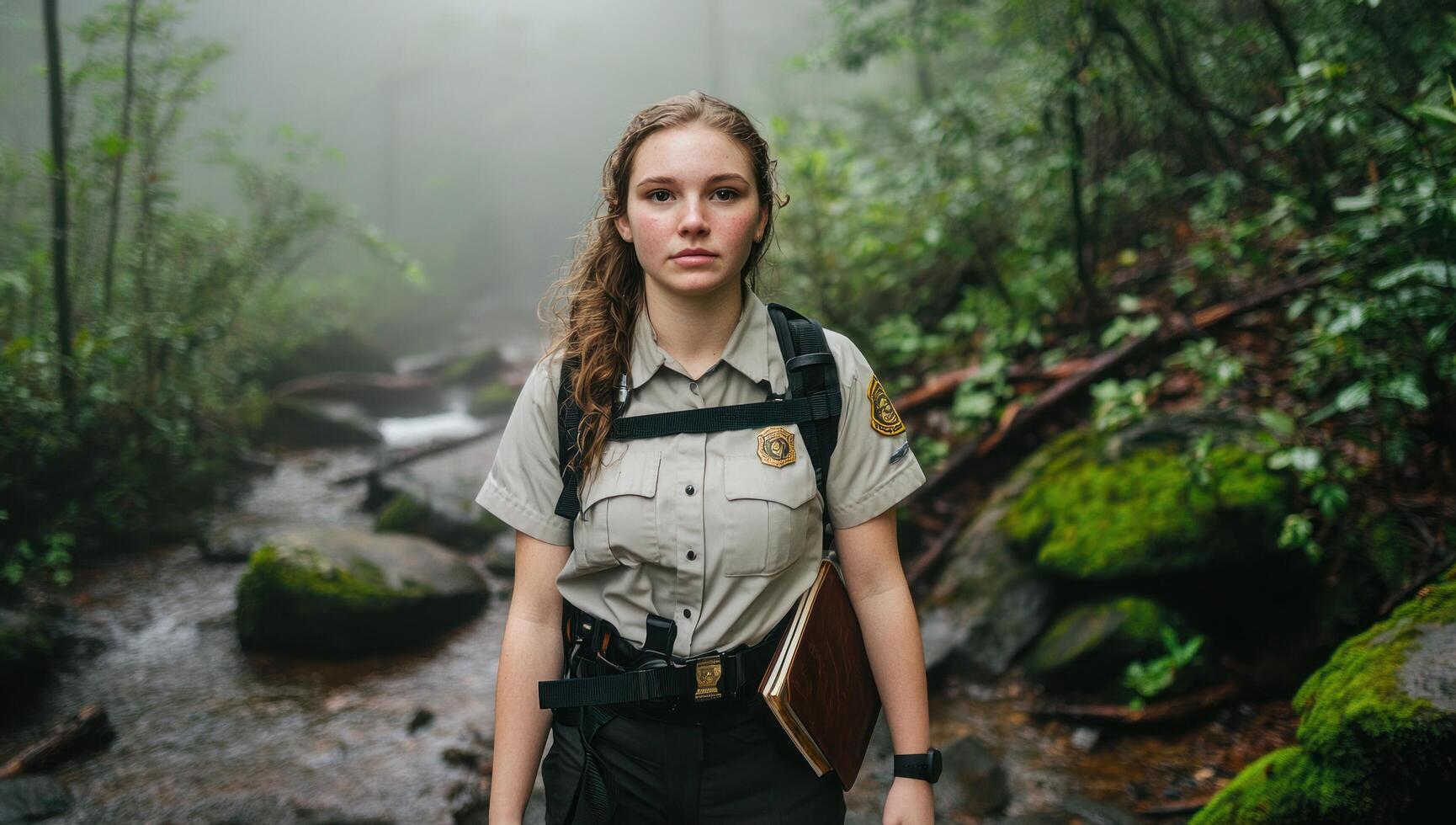 Park ranger patrols misty forest stream, carrying notebook, conservation efforts photo