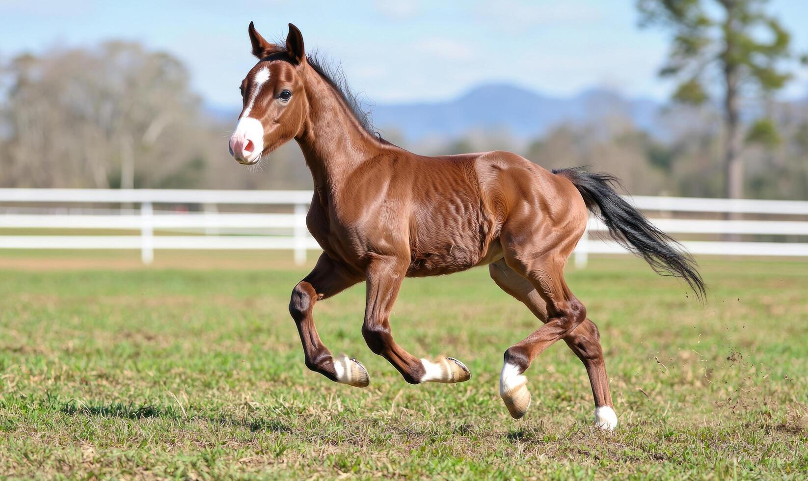 Chestnut foal running in a grassy paddock with white fence photo