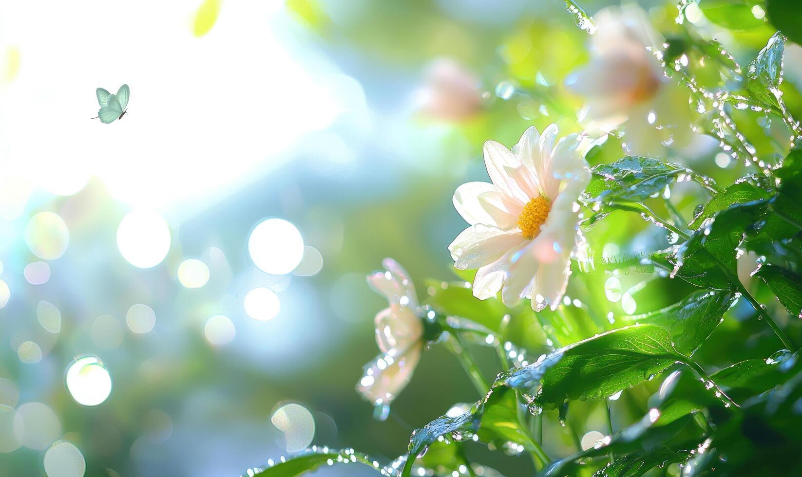 Dewy daisies in sunlight with butterfly, garden background, spring theme photo