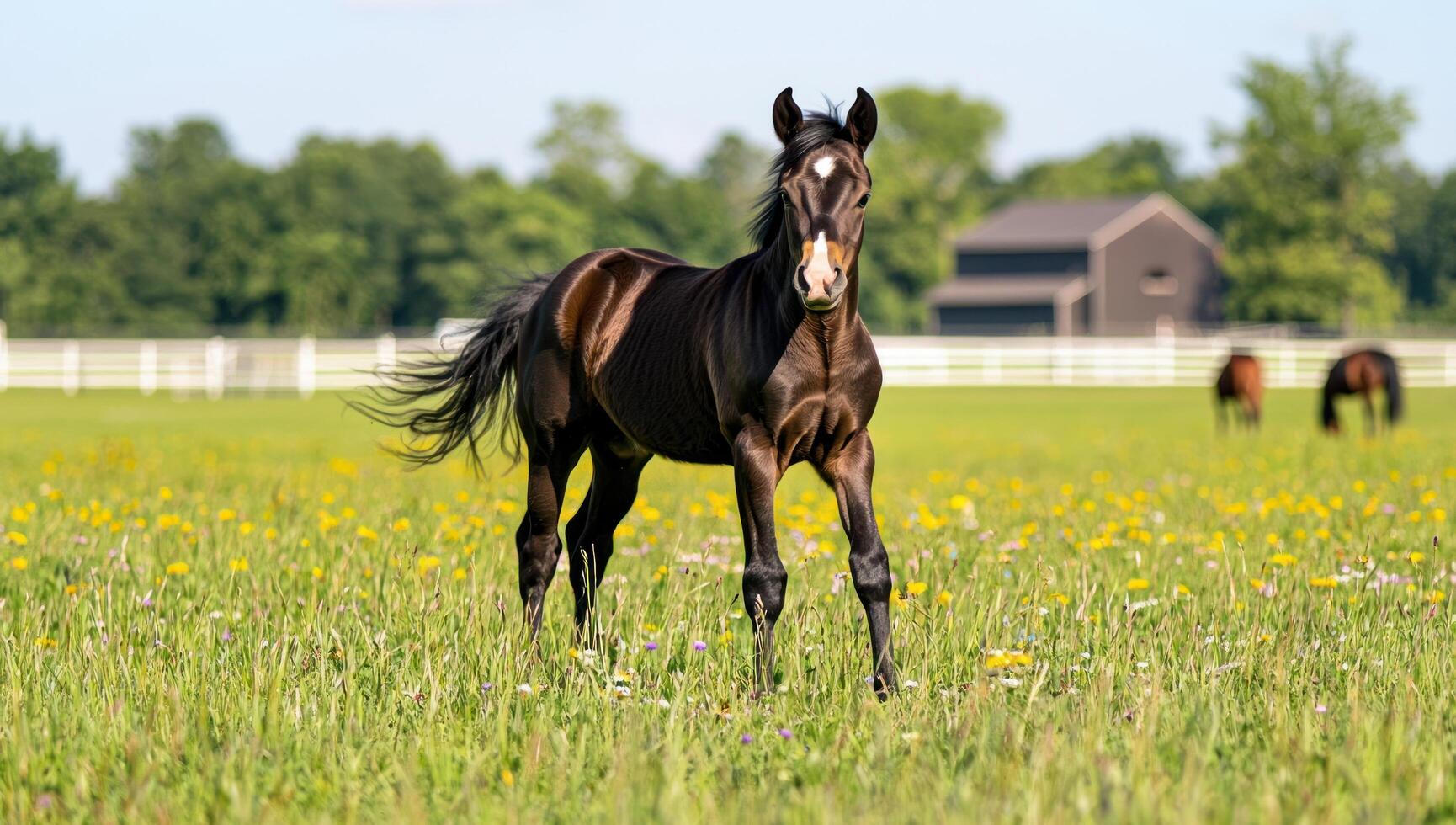Dark horse trotting in a dandelion field with a barn in the background photo