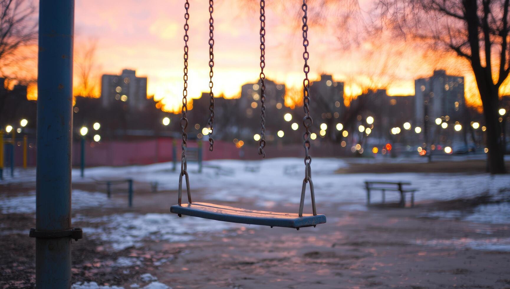 Lonely swing in winter park with city buildings at sunset. Hope concept photo