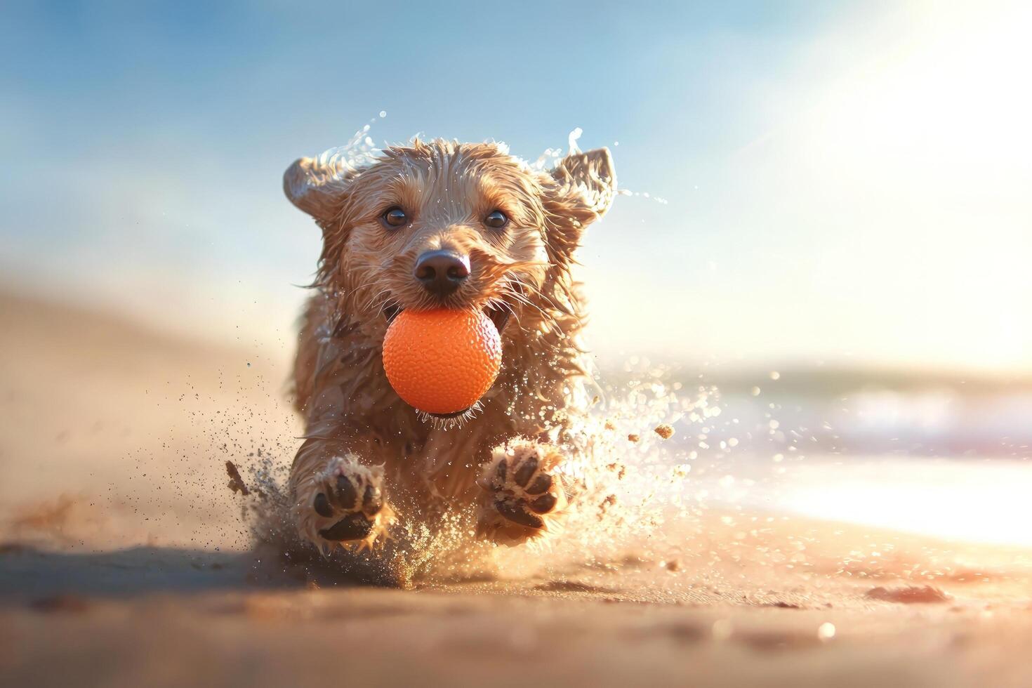 Dog fetching ball on beach with waves, sun in background for summer ad photo