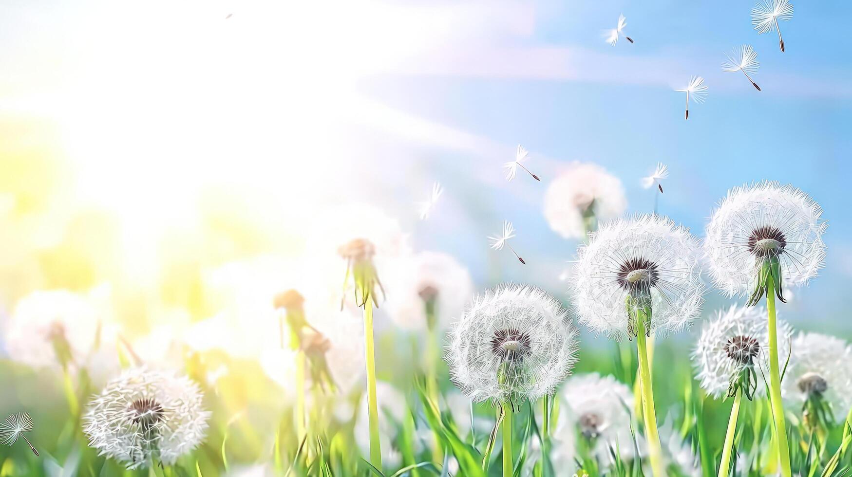 Dandelions blooming in field, seeds blowing, bright sky background. Use Nature photo