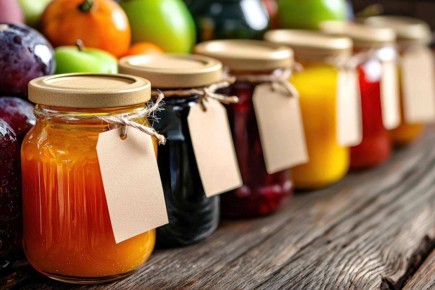 Jars of preserves with fruit background, wooden table. For food product label photo