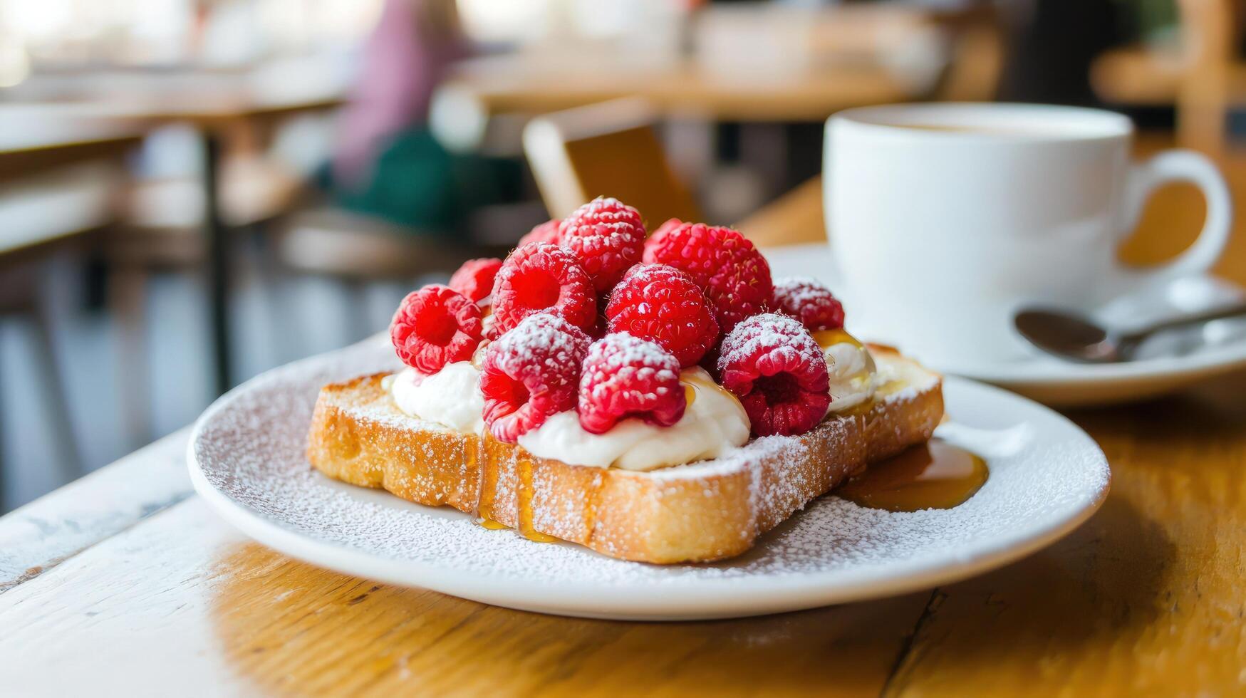 French toast with raspberries, breakfast coffee, people in background, cafe use photo