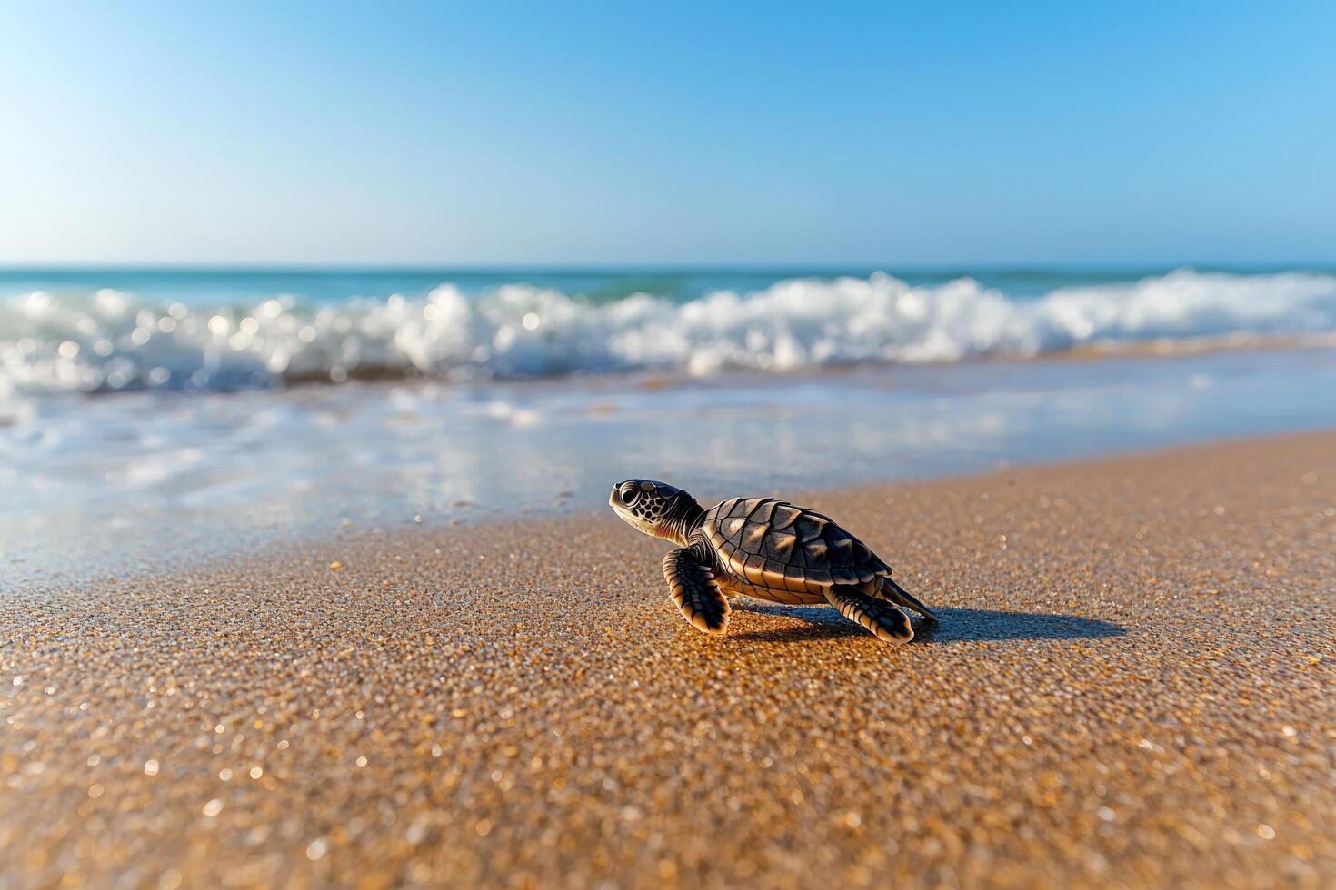 Hatchling turtle heads to ocean. Waves blur background. Conservation ad use photo