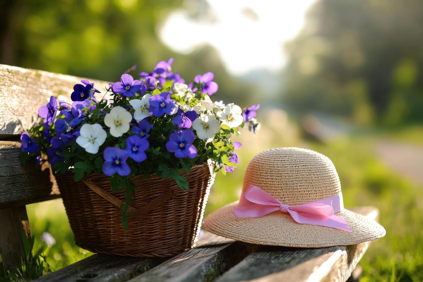 Flowers in basket with hat on bench in park with bokeh for blog or webpage photo