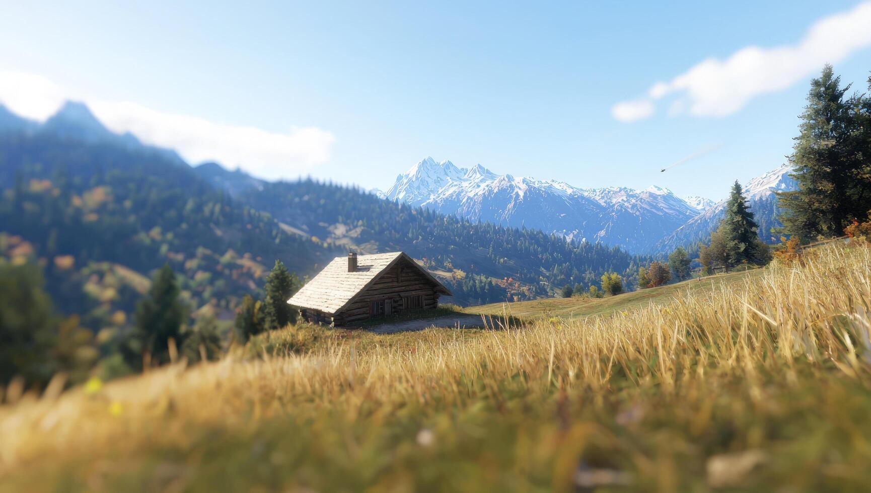 Cabin retreats on mountain meadow. Snow-capped Alps backdrop, sunny day. UseTravel photo