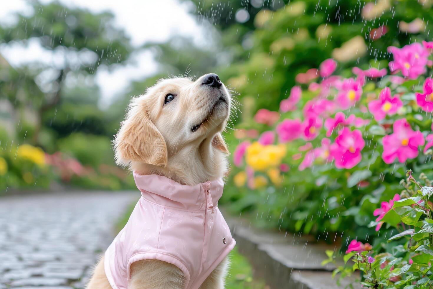 Dog with coat looking up in rain at flowers on path, possible pet product ad photo