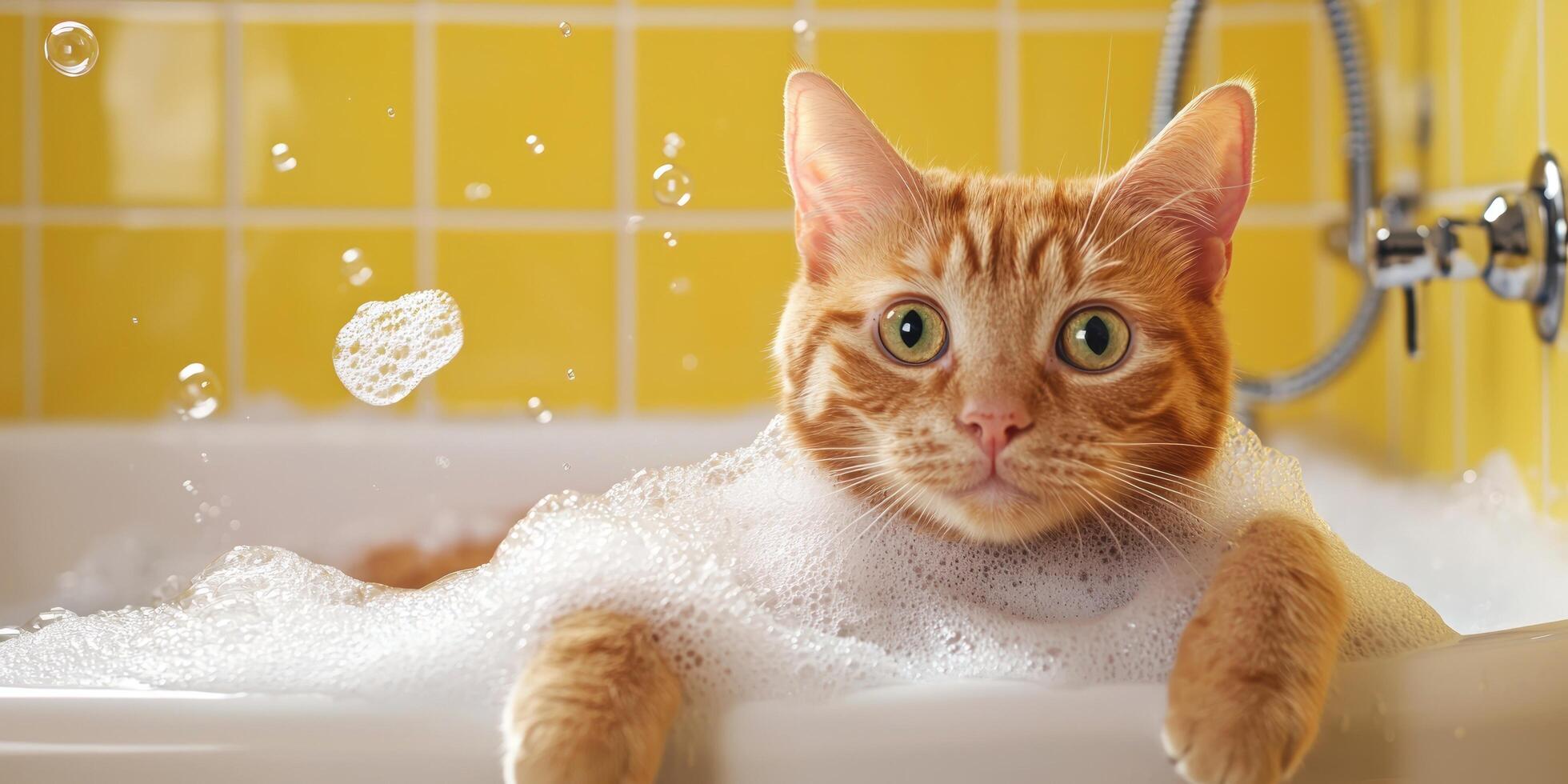 Orange cat bathing in bathtub, bubbles. Yellow tiled wall in background photo