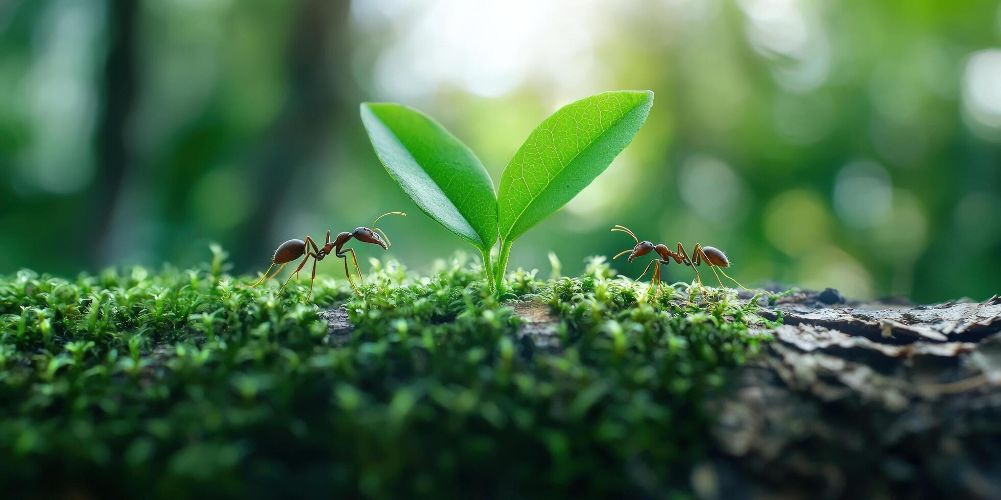 Ants explore sprout on log in forest, with blurred green foliage background photo