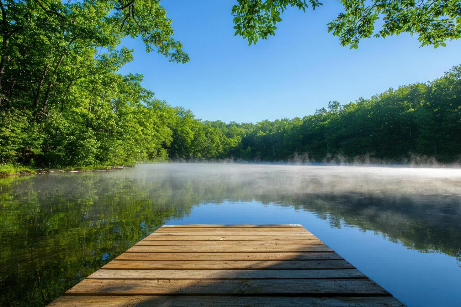 Dock over lake with mist, trees. Serene nature background for webpage header photo