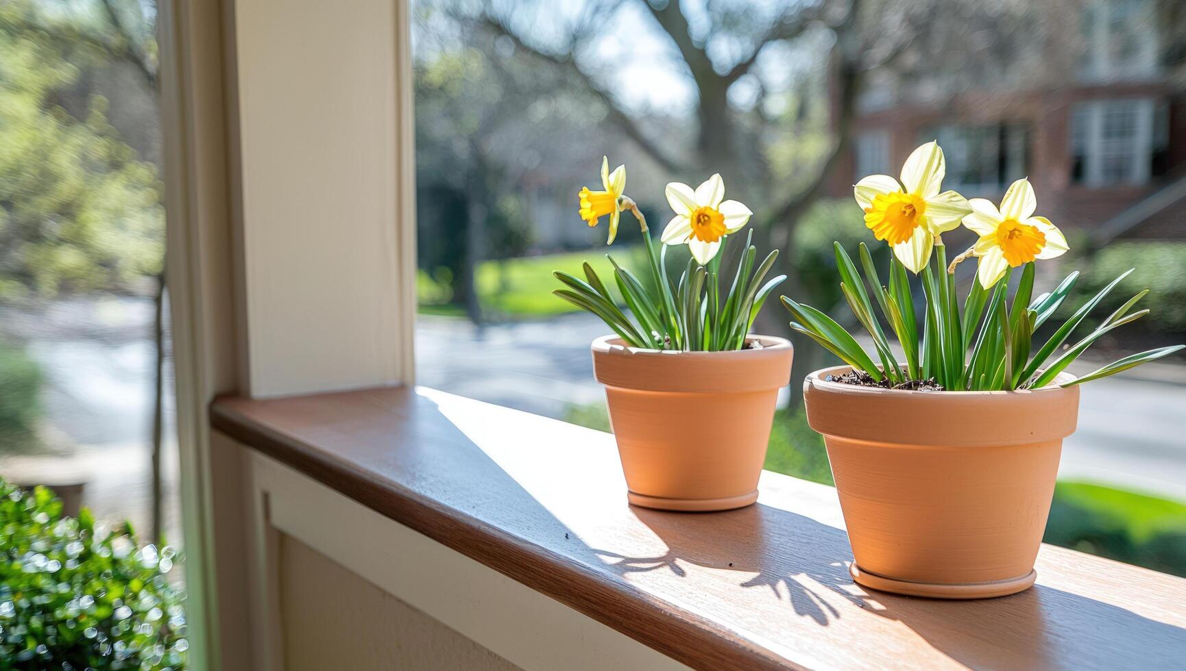 Daffodils on Porch Sill, Neighborhood in Blurred Background, for Spring Decorating photo