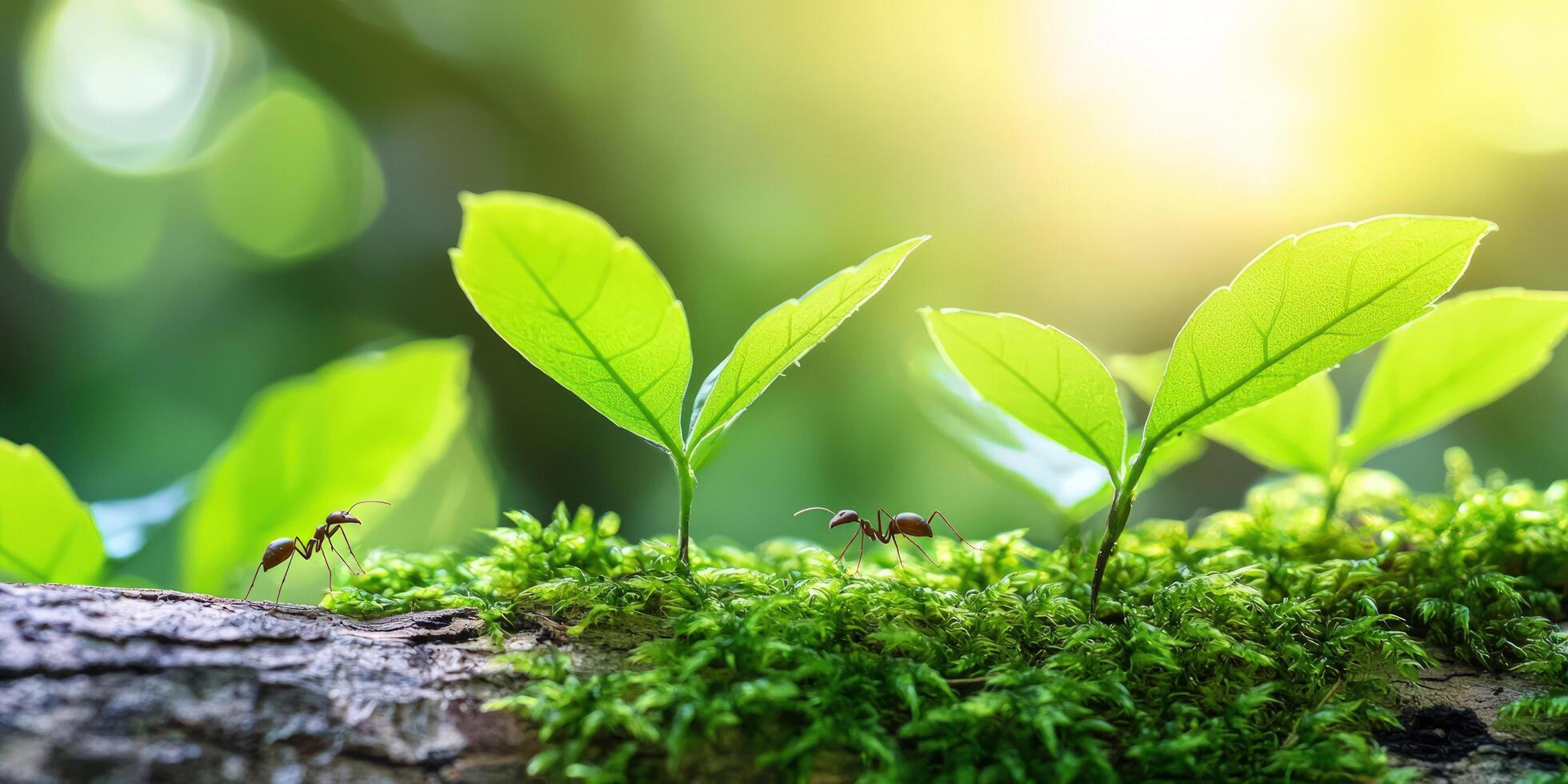 Ants explore sprouts on mossy wood, in forest. Concept for new life photo